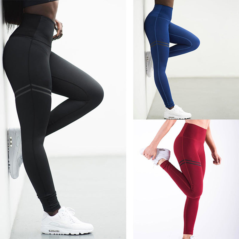 High waist solid color cross-border striped stretch yoga pants fitness –  Vale+Oli